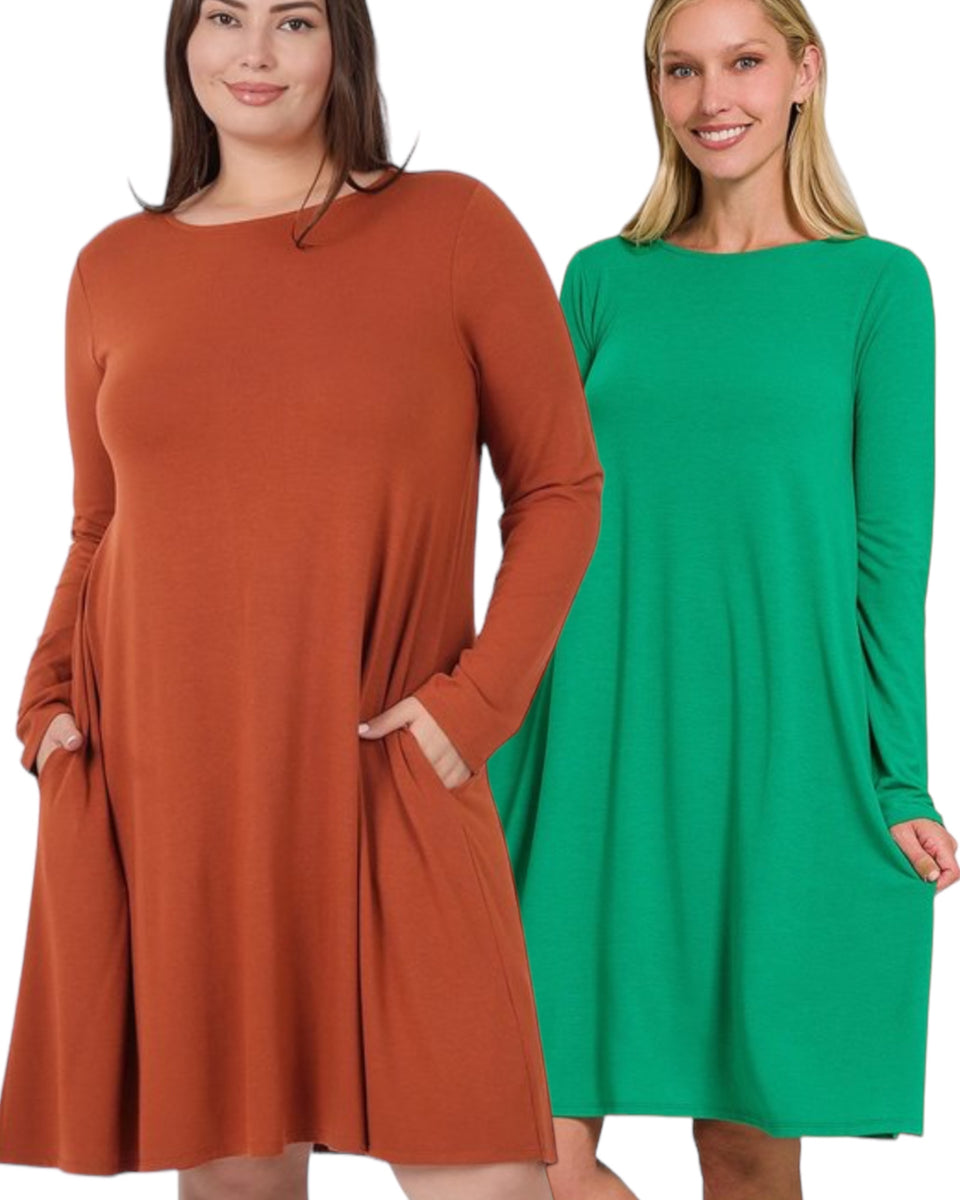 Plus Size Long Sleeve Jersey Flared Swing T-Shirt Tunic Dress with Side  Pockets