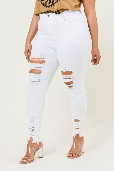 Mogul Boutique-White Destroyed Plus Size Skinny Jeans Jean blue jeans